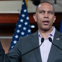 US House Minority Leader Hakeem Jeffries, a Democrat from New York, speaks during a news conference on Capitol Hill, July 13, 2026, in Washington (AP Photo/Jose Luis Magana)