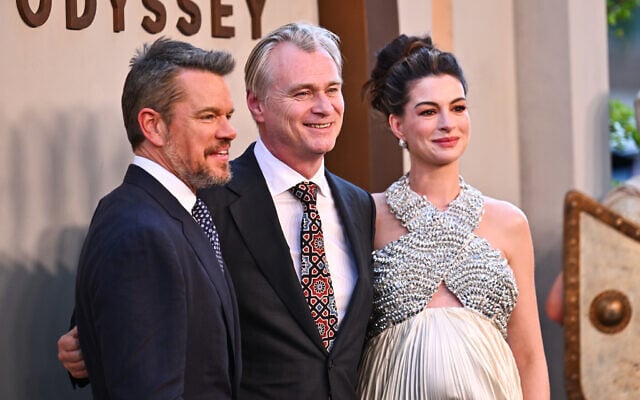 Matt Damon, from left, director Christopher Nolan, and Anne Hathaway attend the premiere of 'The Odyssey' at AMC Lincoln Square in New York, on July 14, 2026. (Evan Agostini/ Invision/ AP)