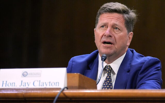 Jay Clayton testifies during a Senate Intelligence Committee confirmation hearing to be the next Director of National Intelligence on Capitol Hill, July 15, 2026, in Washington. (AP Photo/Mariam Zuhaib)