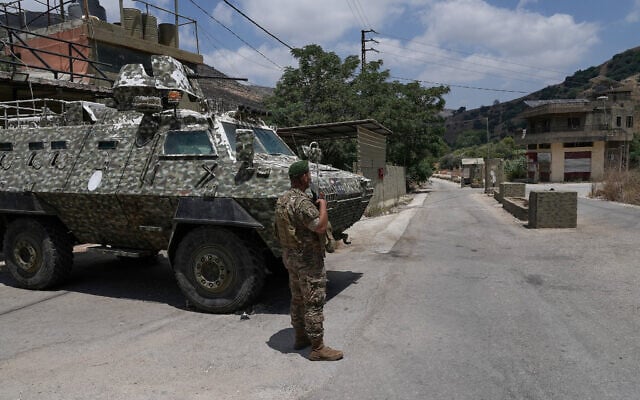 A Lebanese army soldier stands at a checkpoint in Froun village, southern Lebanon, July 16, 2026. (Mohammed Zaatari/AP)