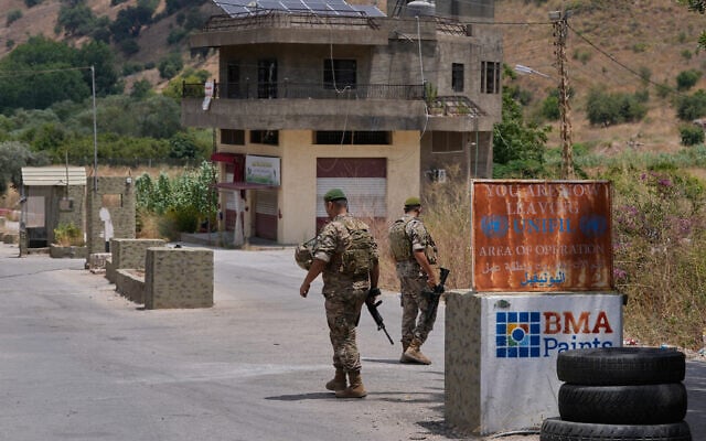 Lebanese army soldiers stand at a checkpoint in Froun village, southern Lebanon, July 16, 2026. (AP Photo/Mohammed Zaatari)