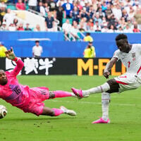 England’s Bukayo Saka shoots for goal during the World Cup third-place playoff soccer match between France and England in Miami Gardens, Florida, July 18, 2026. (AP/Rebecca Blackwell)