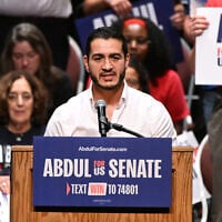 Michigan Democratic US Senate primary candidate Abdul El-Sayed addresses the crowd during a campaign rally in Detroit, July 18, 2026. (Jose Juarez/AP)