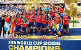 Spain’s team captain Rodri lifts the trophy after Spain won the World Cup final against Argentina in East Rutherford, N.J., near New York, July 19, 2026. (AP Photo/Ashley Landis)