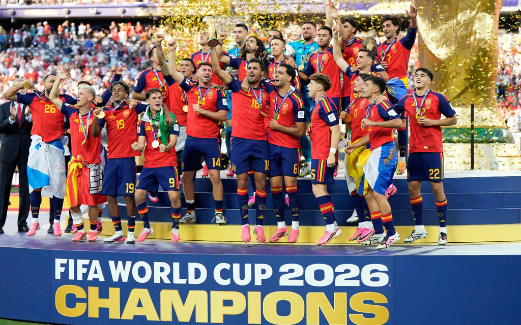 Spain’s team captain Rodri lifts the trophy after Spain won the World Cup final against Argentina in East Rutherford, New Jersey, July 19, 2026. (AP Photo/Ashley Landis)