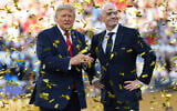 US President Donald Trump, left, and FIFA President Gianni Infantino watch confetti fall at the conclusion of the World Cup championship final soccer match between Spain and Argentina in East Rutherford, New Jersey, July 19, 2026. (AP Photo/Jacquelyn Martin)