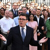 Britain’s new Prime Minister Andy Burnham speaks to staff and media at 10 Downing Street in London, July 20, 2026. (AP Photo/Thomas Krych)