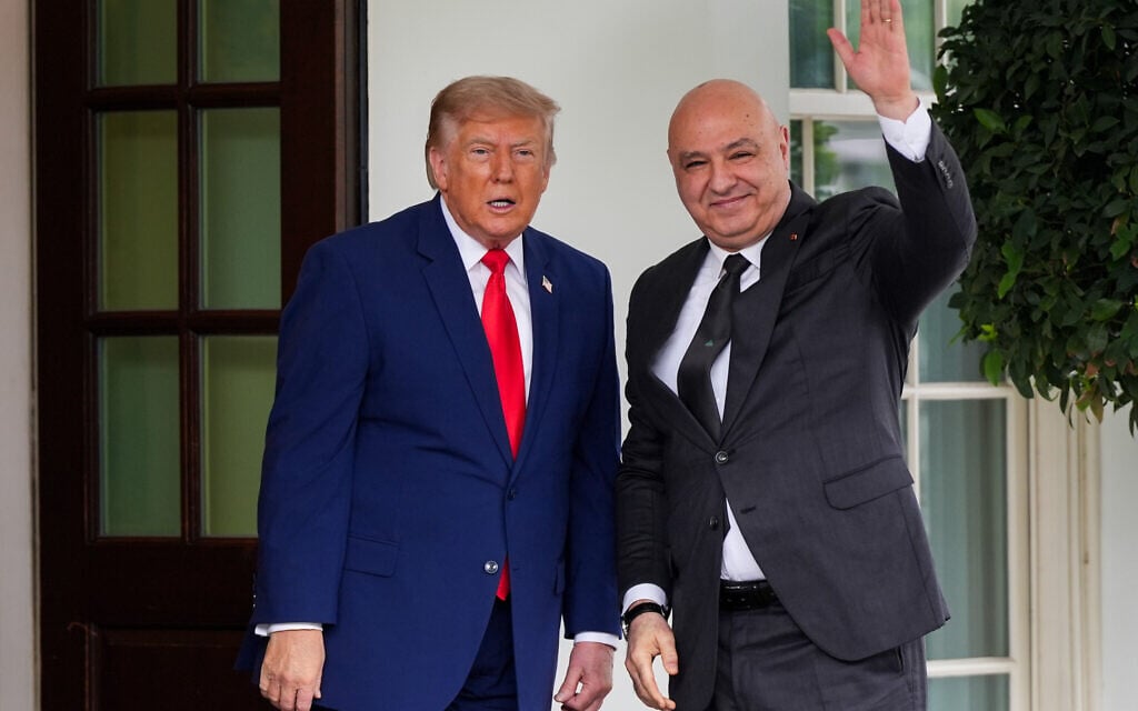 President Donald Trump greets Lebanon’s President Joseph Aoun on his arrival at the White House, July 21, 2026, in Washington. (AP Photo/Julia Demaree Nikhinson)