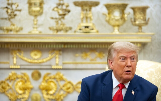 US President Donald Trump speaks while meeting with Lebanese President Joseph Aoun in the Oval Office at the White House, July 21, 2026, in Washington. (AP/Mark Schiefelbein)
