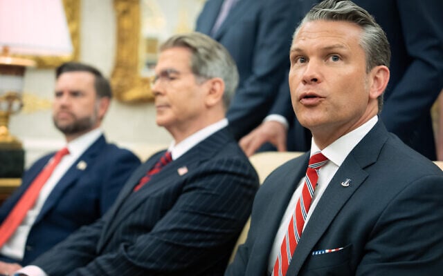 US Defense Secretary Pete Hegseth speaks as US President Donald Trump meets with Lebanese President Joseph Aoun in the Oval Office at the White House, July 21, 2026, in Washington. (AP/Mark Schiefelbein)