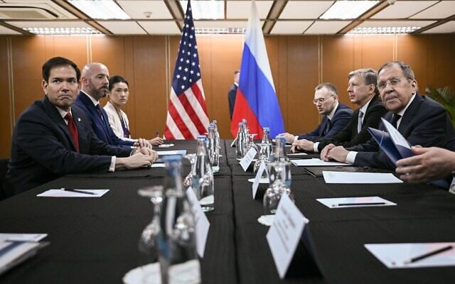 US Secretary of State Marco Rubio, left, attends a meeting with Russia’s Foreign Minister Sergey Lavrov, right, on the sidelines of the Association of Southeast Asian Nations (ASEAN) Foreign Ministers Meeting in Pasay, Metro Manila on July 23, 2026. (Brendan Smialowski/Pool via AP)