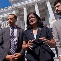 From left, Reps. Jason Crow, Pramila Jayapal and Greg Casar talk to reporters just after the US House narrowly passed a resolution to halt US military action in Iran, at the Capitol in Washington, July 23, 2026. (AP Photo/J. Scott Applewhite)