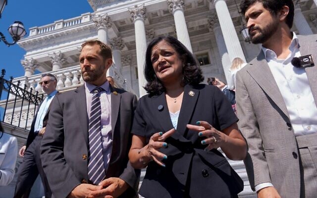 From left, Reps. Jason Crow, Pramila Jayapal and Greg Casar talk to reporters just after the US House narrowly passed a resolution to halt US military action in Iran, at the Capitol in Washington, July 23, 2026. (AP Photo/J. Scott Applewhite) From left, Reps. Jason Crow, Pramila Jayapal and Greg Casar talk to reporters just after the US House narrowly passed a resolution to halt US military action in Iran, at the Capitol in Washington, July 23, 2026. (AP Photo/J. Scott Applewhite)