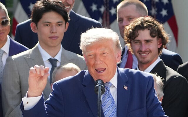 US President Donald Trump speaks during an event to honor the 2025 World Series champions Los Angeles Dodgers in the Rose Garden of the White House, July 23, 2026. (AP/Alex Brandon)