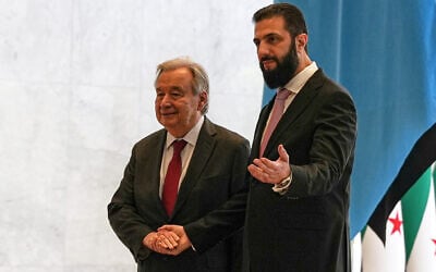 Syrian President Ahmad al-Sharaa, right, welcomes United Nations Secretary-General Antonio Guterres at the Syrian presidential palace in Damascus, Syria, July 25, 2026. (AP Photo/Omar Albam) Syrian President Ahmad al-Sharaa, right, welcomes United Nations Secretary-General Antonio Guterres at the Syrian presidential palace in Damascus, Syria, July 25, 2026. (AP Photo/Omar Albam)