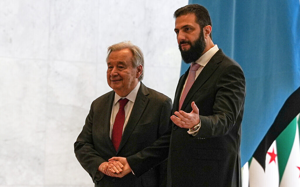 Syrian President Ahmad al-Sharaa, right, welcomes United Nations Secretary-General Antonio Guterres at the Syrian presidential palace in Damascus, Syria, July 25, 2026. (AP Photo/Omar Albam) Syrian President Ahmad al-Sharaa, right, welcomes United Nations Secretary-General Antonio Guterres at the Syrian presidential palace in Damascus, Syria, July 25, 2026. (AP Photo/Omar Albam)