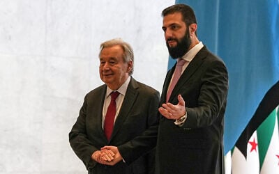 Syrian President Ahmad al-Sharaa, right, welcomes United Nations Secretary-General Antonio Guterres at the Syrian presidential palace in Damascus, Syria, July 25, 2026. (AP Photo/Omar Albam) Syrian President Ahmad al-Sharaa, right, welcomes United Nations Secretary-General Antonio Guterres at the Syrian presidential palace in Damascus, Syria, July 25, 2026. (AP Photo/Omar Albam)