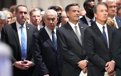 Prime Minister Benjamin Netanyahu, CIA Director John Ratcliffe and US Supreme Court Justice Brett Kavanaugh arrive for the funeral of senator Lindsey Graham at the Washington National Cathedral, July 28, 2026, in Washington. (AP/Alex Brandon) Prime Minister Benjamin Netanyahu, CIA Director John Ratcliffe and US Supreme Court Justice Brett Kavanaugh arrive for the funeral of senator Lindsey Graham at the Washington National Cathedral, July 28, 2026, in Washington. (AP/Alex Brandon)