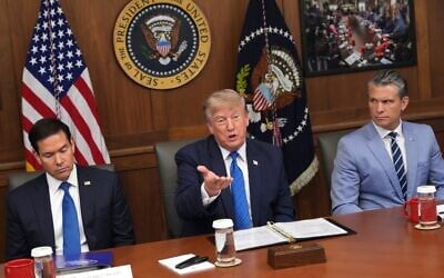 US President Donald Trump speaks as Secretary of State Marco Rubio, left, and Defense Secretary Pete Hegseth listen during a cabinet meeting, July 31, 2026, at Camp David, the presidential retreat, near Thurmont, Maryland, July 31, 2026. (AP Photo/Jacquelyn Martin) US President Donald Trump speaks as Secretary of State Marco Rubio, left, and Defense Secretary Pete Hegseth listen during a cabinet meeting, July 31, 2026, at Camp David, the presidential retreat, near Thurmont, Maryland, July 31, 2026. (AP Photo/Jacquelyn Martin)
