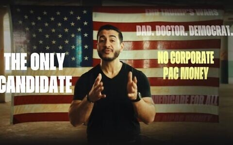 Abdul El-Sayed, Democratic candidate for Michigan's US Senate seat, appears in a campaign ad trumpeting 'No Corporate PAC Money,' July 30, 2026. (Screenshot via YouTube/JTA)
