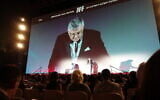 Ukrainian filmmaker Sergei Loznitsa speaks at the opening of the 43rd Jerusalem Film Festival in Sultan's Pool (Eliana Rosen/Times of Israel)