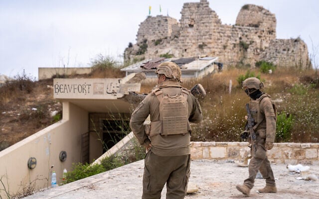 IDF troops are seen at Beaufort Castle in southern Lebanon, July 7, 2026. (Emanuel Fabian/Times of Israel)