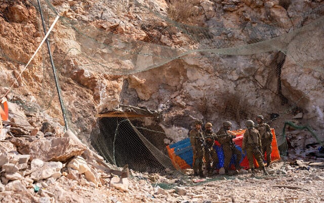 IDF troops are seen at the entrance to a Hezbollah tunnel near the Beaufort Castle in southern Lebanon, July 7, 2026. (Emanuel Fabian/Times of Israel)