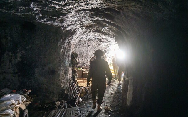 An IDF soldier is seen in a Hezbollah tunnel near the Beaufort Castle in southern Lebanon, July 7, 2026. (Emanuel Fabian/Times of Israel)