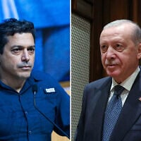 Diaspora Affairs Minister Amichai Chikli (left) attends a special plenary session at the auditorium in the Knesset, Jerusalem, during the war with Iran and Hezbollah, March 9, 2026. (Yonatan Sindel/Flash90); Turkish President Recep Tayyip Erdogan seen ahead of the NATO Summit in Ankara, July 6, 2026. (Turkish Presidency via AP)