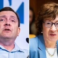 Maine Democratic nominee for US Senate Troy Jackson (L) and Maine Republican incumbent Sen. Susan Collins (R). (Tom Williams/Bill Clark/CQ-Roll Call, Inc via Getty Images via JTA)