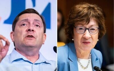 Maine Democratic nominee for US Senate Troy Jackson (L) and Maine Republican incumbent Sen. Susan Collins (R). (Tom Williams/Bill Clark/CQ-Roll Call, Inc via Getty Images via JTA)