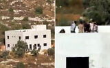 Soldiers and settlers are seen at an under-construction Palestinian home that the settlers seized in the northern West Bank village of Jalud, in a video published by Palestinian media in late June 2026. (Screen capture: X, used in accordance with Clause 27a of the Copyright Law)