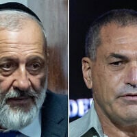 Shas chair Aryeh Deri (left) attends a Knesset plenum session and a vote on a bill to split the duties and powers of the attorney general, on July 15, 2026 (Yonatan Sindel/Flash90); IDF Chief of Staff Eyal Zamir attends a ceremony marking the 50th anniversary of Operation Entebbe at the President’s Residence in Jerusalem, July 12, 2026. (Chaim Goldberg/Flash90)