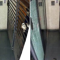 Screen captures from video of a vandalism attack on the offices of the Haaretz newspaper in Tel Aviv, July 8 2026. (Haaretz)