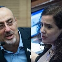 MK Nissim Vaturi speaks (left) during a Foreign Affairs and Defense Committee meeting at the Knesset, Jerusalem, July 9, 2026. (Yonatan Sindel/Flash90); MK Naama Lazimi attends a plenum session at the assembly hall of the Knesset, July 8, 2026. (Yonatan Sindel/Flash90)