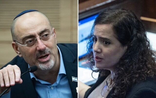 MK Nissim Vaturi speaks (left) during a Foreign Affairs and Defense Committee meeting at the Knesset, Jerusalem, July 9, 2026. (Yonatan Sindel/Flash90); MK Naama Lazimi attends a plenum session at the assembly hall of the Knesset, July 8, 2026. (Yonatan Sindel/Flash90)