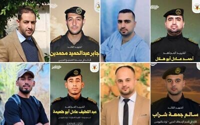 Combo pictures, clockwise from top left: Jaber Mohammadin in civilian attire and in Palestinian Islamic Jihad uniform; Ahmad Adel Abu al-Hilal in hospital scrubs and in Palestinian Islamic Jihad uniform; Abd al-Latif Abu Tuaima in civilian attire and in Palestinian Islamic Jihad uniform; and Salem Jumaa Shirab in civilian attire and in Palestinian Islamic Jihad uniform. (Pictures from Palestinian Islamic Jihad social media, Facebook, social media; Used in accordance with clause 27a of the copyright law) Combo pictures, clockwise from top left: Jaber Mohammadin in civilian attire and in Palestinian Islamic Jihad uniform; Ahmad Adel Abu al-Hilal in hospital scrubs and in Palestinian Islamic Jihad uniform; Abd al-Latif Abu Tuaima in civilian attire and in Palestinian Islamic Jihad uniform; and Salem Jumaa Shirab in civilian attire and in Palestinian Islamic Jihad uniform. (Pictures from Palestinian Islamic Jihad social media, Facebook, social media; Used in accordance with clause 27a of the copyright law)