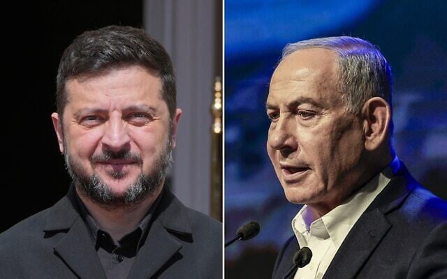 Ukraine’s President Volodymyr Zelenskyy (left) in Kyiv, Ukraine, July 23, 2026. (AP Photo/Efrem Lukatsky); Prime Minister Benjamin Netanyahu attends the Negev Conference in the southern city of Dimona, July 17, 2026. (Tsafrir Abayov/Flash90) Ukraine’s President Volodymyr Zelenskyy (left) in Kyiv, Ukraine, July 23, 2026. (AP Photo/Efrem Lukatsky); Prime Minister Benjamin Netanyahu attends the Negev Conference in the southern city of Dimona, July 17, 2026. (Tsafrir Abayov/Flash90)