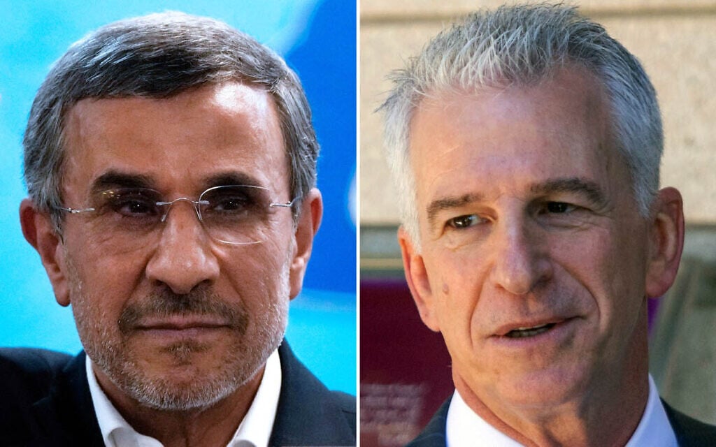 Iran’s former President Mahmoud Ahmadinejad (left) arrives at the Interior Ministry to register his name as a candidate for the presidential election, in Tehran, June 2, 2024. (AP Photo/Vahid Salemi); former Mossad Director David Barnea attends an event at the President’s Residence in Jerusalem, June 14, 2026. (Chaim Goldberg/Flash90) Iran’s former President Mahmoud Ahmadinejad (left) arrives at the Interior Ministry to register his name as a candidate for the presidential election, in Tehran, June 2, 2024. (AP Photo/Vahid Salemi); former Mossad Director David Barnea attends an event at the President’s Residence in Jerusalem, June 14, 2026. (Chaim Goldberg/Flash90)