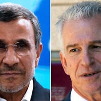 Iran’s former President Mahmoud Ahmadinejad (left) arrives at the Interior Ministry to register his name as a candidate for the presidential election, in Tehran, June 2, 2024. (AP Photo/Vahid Salemi); former Mossad Director David Barnea attends an event at the President’s Residence in Jerusalem, June 14, 2026. (Chaim Goldberg/Flash90)