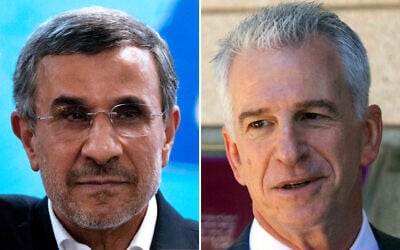 Iran’s former President Mahmoud Ahmadinejad (left) arrives at the Interior Ministry to register his name as a candidate for the presidential election, in Tehran, June 2, 2024. (AP Photo/Vahid Salemi); former Mossad Director David Barnea attends an event at the President’s Residence in Jerusalem, June 14, 2026. (Chaim Goldberg/Flash90)