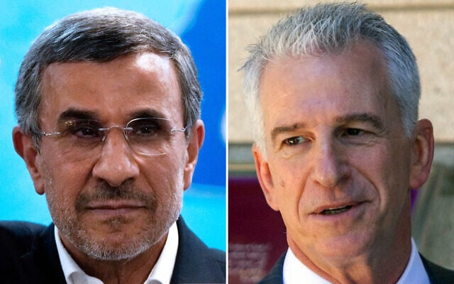 Iran’s former President Mahmoud Ahmadinejad (left) arrives at the Interior Ministry to register his name as a candidate for the presidential election, in Tehran, June 2, 2024. (AP Photo/Vahid Salemi); former Mossad Director David Barnea attends an event at the President’s Residence in Jerusalem, June 14, 2026. (Chaim Goldberg/Flash90)