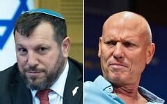 Minister of Heritage Amichay Eliyahu (left) attends a unity conference at the Knesset in Jerusalem, June 22, 2026. (Yonatan Sindel/Flash90); Nitzan Alon attends the Herzliya Conference at the Reichman University in Herzliya, July 1, 2026. (Avshalom Sassoni/Flash90)