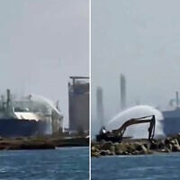 Firefighters work to put out a blaze on a gas tanker in Egypt's Damietta port after it was reportedly hit by an Iranian drone strike, July 29, 2026. (Screenshots/ X used in accordance with clause 27a of the copyright law)