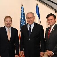 Prime Minister Benjamin Netanyahu meets with US Rep. Jim Jordan (R-OH) and US Rep. Mike Johnson (R-LA) at the Prime Minister’s Residence in Jerusalem on February 19, 2020. (Prime Minister's Office)