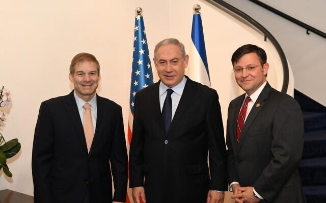 Prime Minister Benjamin Netanyahu meets with US Rep. Jim Jordan (R-OH) and US Rep. Mike Johnson (R-LA) at the Prime Minister’s Residence in Jerusalem on February 19, 2020. (Prime Minister's Office)