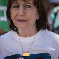 Zehava Shaul, mother of Oron Shaul, with supporters and family members at a protest outside the residence of Prime Minister Benjamin Netanyahu on August 9, 2019. (Hadas Parush/Flash90)