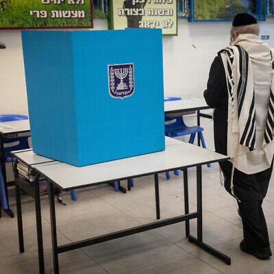 Illustrative: An ultra-Orthodox man casts his ballot at a voting station on the morning of municipal elections, in Bnei Brak, on February 27, 2024. (Chaim Goldberg/Flash90/File) Illustrative: An ultra-Orthodox man casts his ballot at a voting station on the morning of municipal elections, in Bnei Brak, on February 27, 2024. (Chaim Goldberg/Flash90/File)