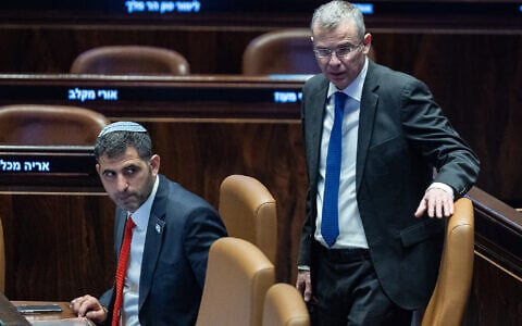 Communications Minister Shlomo Karhi (left) and Justice Minister Yariv Levin (right) attend a Knesset plenum session, January 8, 2025. (Yonatan Sindel/Flash90)