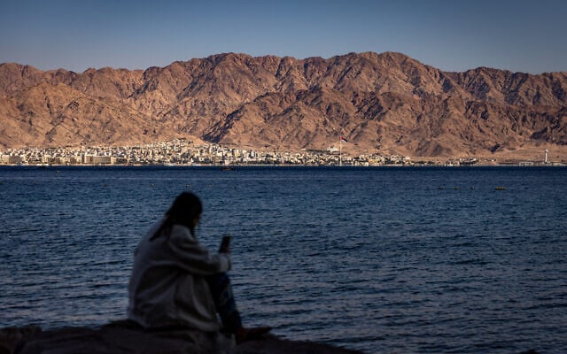 Aqaba as it seen from the Southern Israeli city of Eilat on February 10, 2025. (Chaim Goldberg/Flash90)
